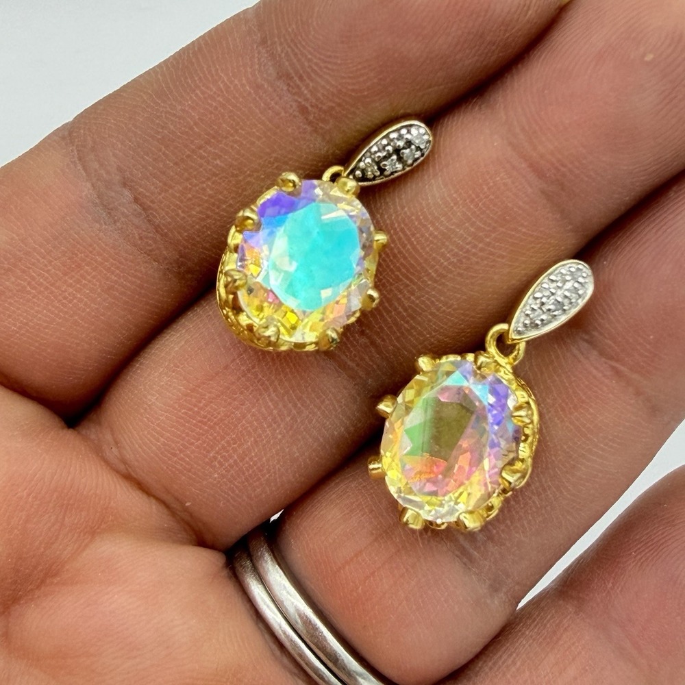 Vtg Sterling Silver Kellie Ann Opalescence Quartz & Diamond Earrings Byzantine
